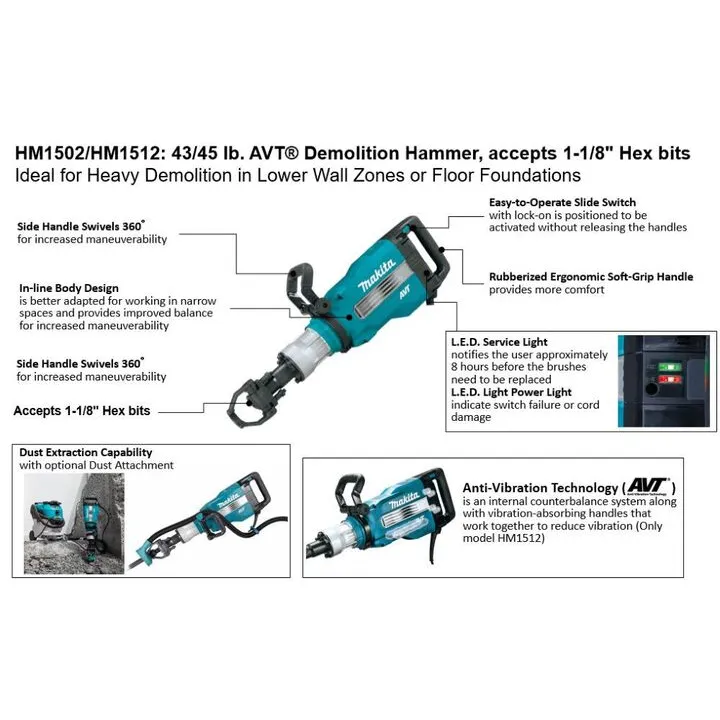 Makita 43lb Demolition Hammer (1-1/8in Hex) - Heavy-Duty Concrete Breaker