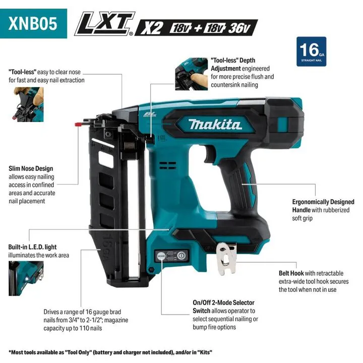 Makita 18V LXT Lithium-Ion Brushless 16-Gauge Straight Finish Nailer (Bare Tool) 1