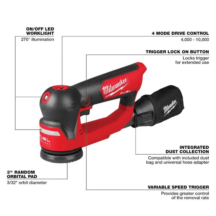 Milwaukee M12 FUEL 3-Inch Random Orbital Detail Sander (Bare Tool) 3