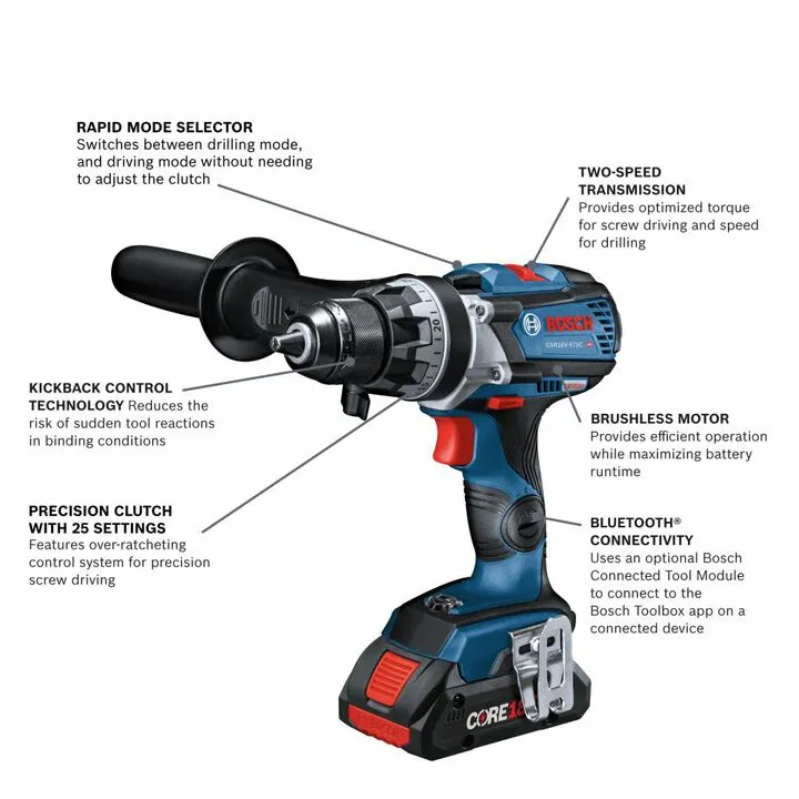 Bosch 18V 1/2in Drill/Driver Kit - Professional Grade Cordless Power 1