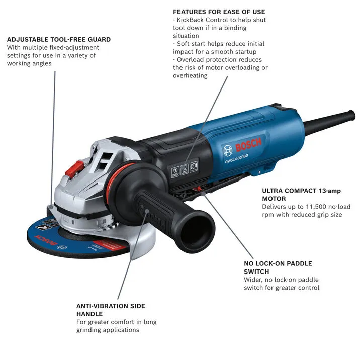Bosch 5-Inch Angle Grinder with No Lock-On Paddle Switch and Integrated Rapid Brake System 1