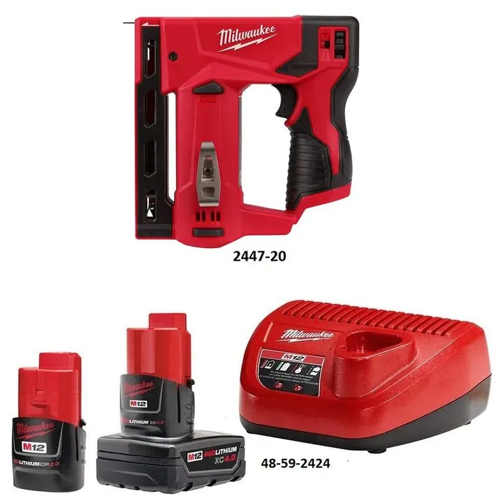 Milwaukee M12 3/8 Inch Crown Stapler (Bare Tool) with CP 2Ah & XC 4Ah Starter Kit Bundle 3