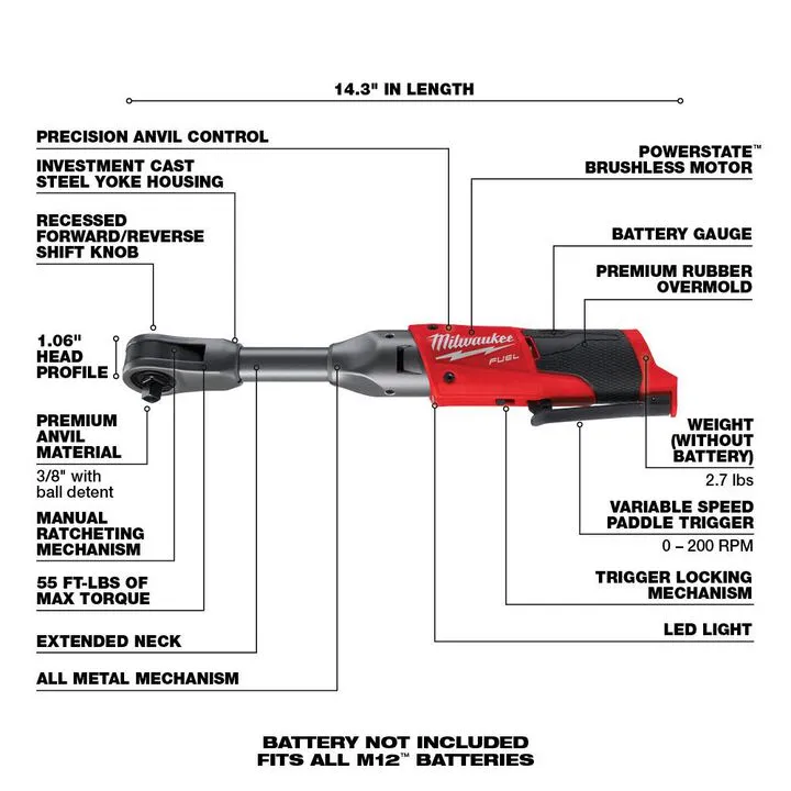Milwaukee M12 FUEL 3/8 in. Extended Reach Ratchet (Reconditioned - Bare Tool) 2