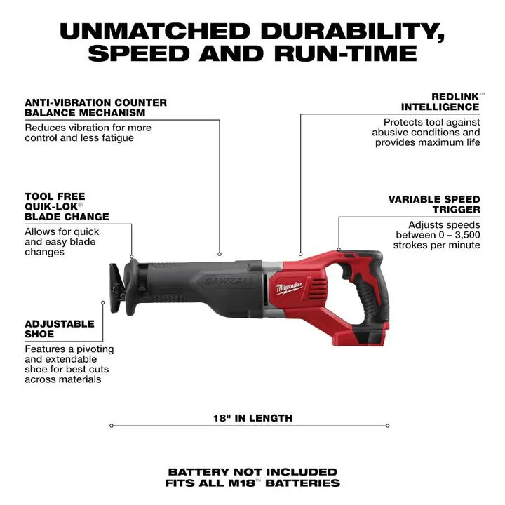 Milwaukee M18 SAWZALL Reciprocating Saw (Bare Tool) - Professional Grade Performance 1