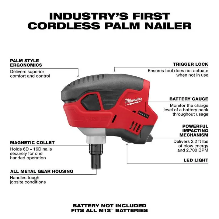 Milwaukee M12 Cordless Lithium-Ion Palm Nailer (Bare Tool) 1