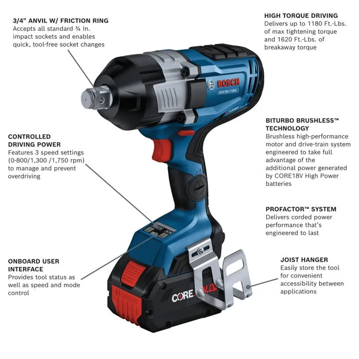 Bosch 18V 3/4 In. Impact Wrench Kit - High-Performance Professional Fastening Solution 1