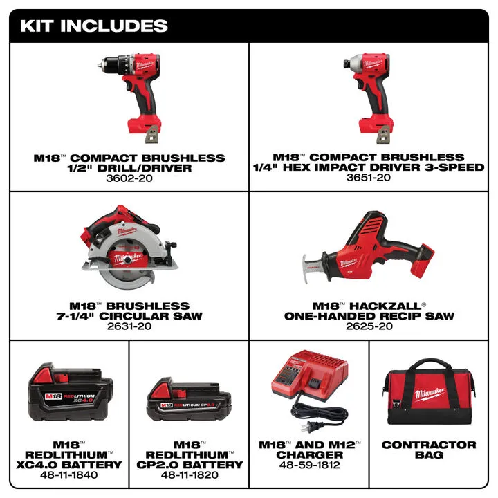 Milwaukee M18 4-Tool Combo Kit - Professional Grade Performance Set 5