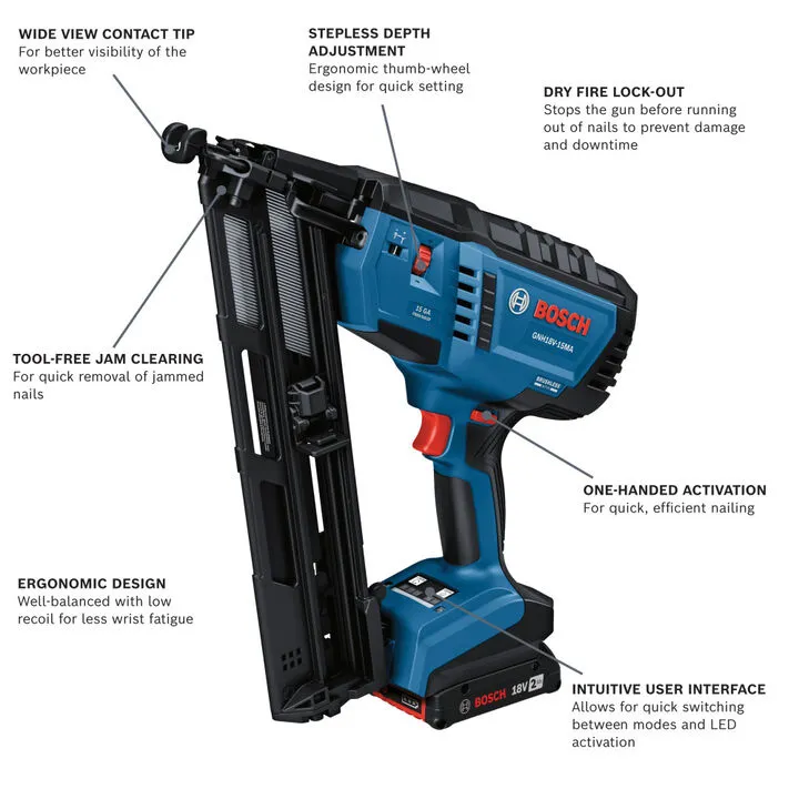 Bosch 18V Brushless 15 Gauge Angled Finish Nailer Kit - Professional Cordless Precision 1