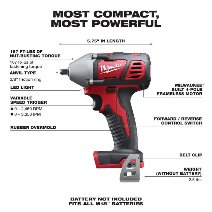 Milwaukee M18 3/8 In. Impact Wrench (Bare Tool) - Professional Grade Compact Power 1