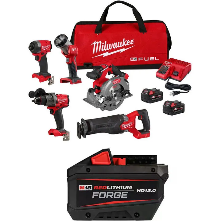 Milwaukee M18 FUEL 5-Tool Combo Kit with RedLithium HD12.0 Battery Pack Bundle