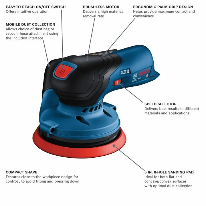 Bosch 12V Max 5in Random Orbit Sander (Bare Tool) - Professional Cordless Precision 1