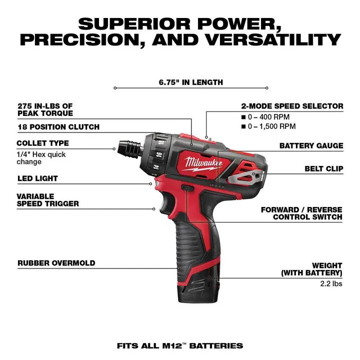 Milwaukee M12 1/4 in. Hex 2-Speed Screwdriver Kit - Compact Precision Performance 2