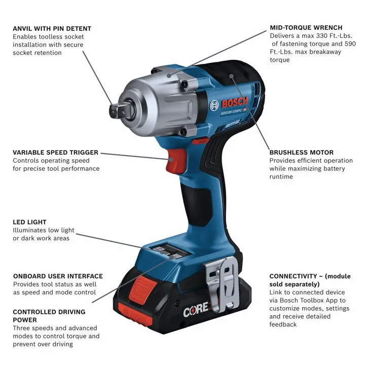 Bosch 18V 1/2 in Mid-Torque Impact Wrench Kit - Professional Power & Precision 1