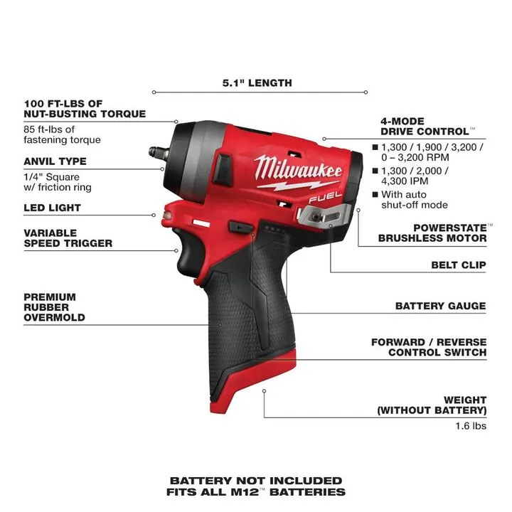 Milwaukee M12 FUEL 1/4 in. Stubby Impact Wrench (Bare Tool) 2