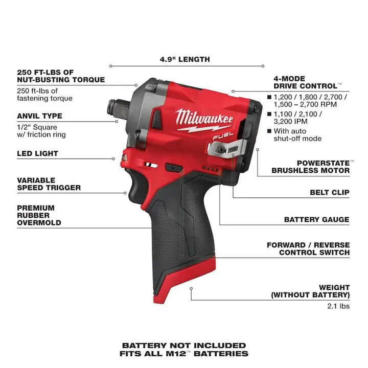 Milwaukee M12 FUEL 1/2-inch Cordless Stubby Impact Wrench - Certified Reconditioned Bare Tool 2