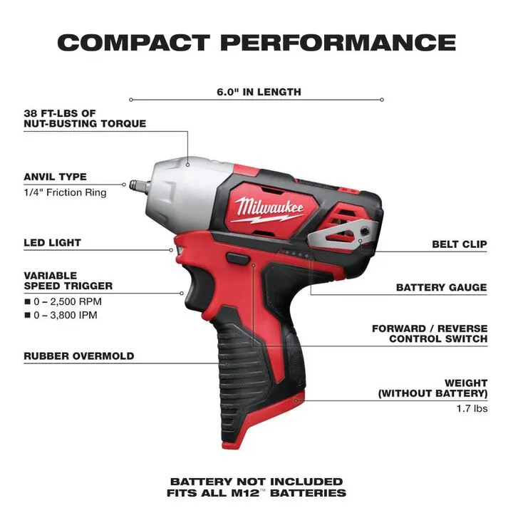 Milwaukee M12 1/4 In. Impact Wrench (Bare Tool) - Professional Compact Fastening Solution 1