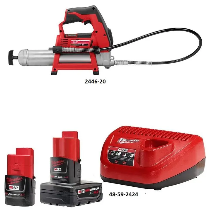 Milwaukee M12 Cordless Grease Gun Bundle with CP 2Ah & XC 4Ah Starter Kit 1