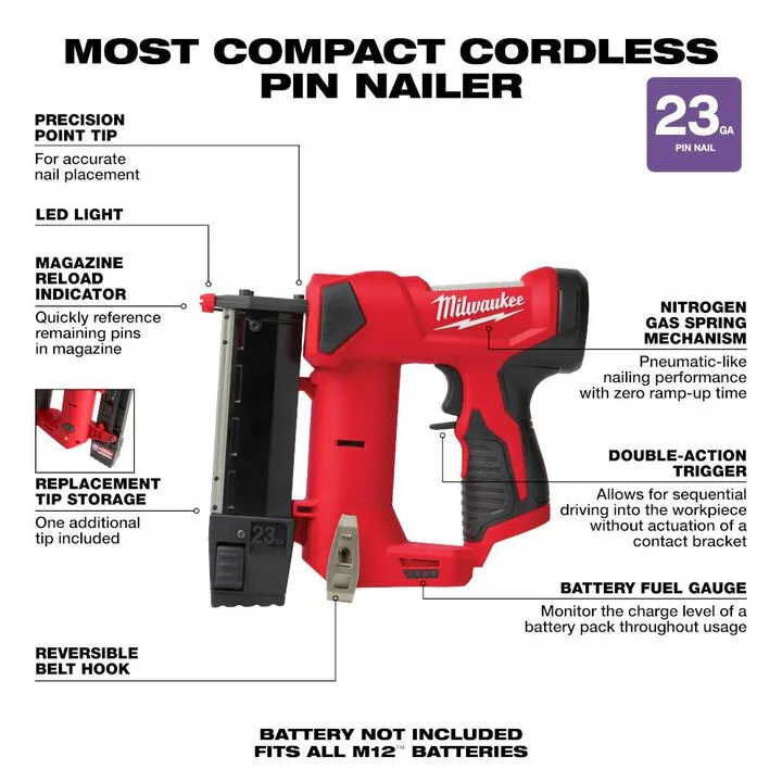 Milwaukee M12 23 Gauge Pin Nailer (Bare Tool) 3