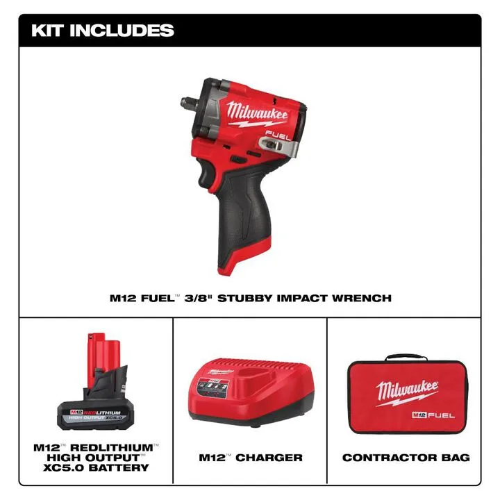 Milwaukee M12 FUEL Stubby 3/8 Inch Impact Wrench Kit - Professional Compact Power 1