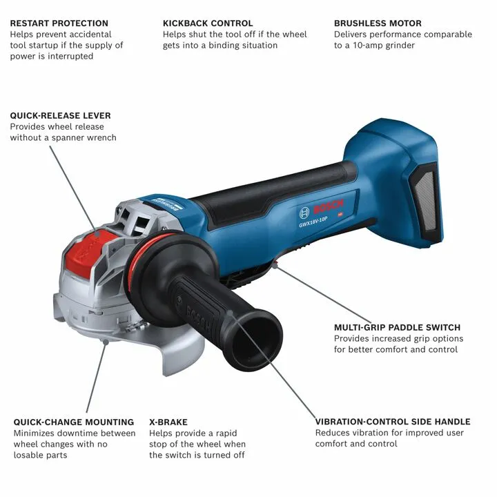 Bosch 18V X-LOCK Brushless 4-1/2 to 5 Inch Angle Grinder (Bare Tool) - Professional Reconditioned Series 1
