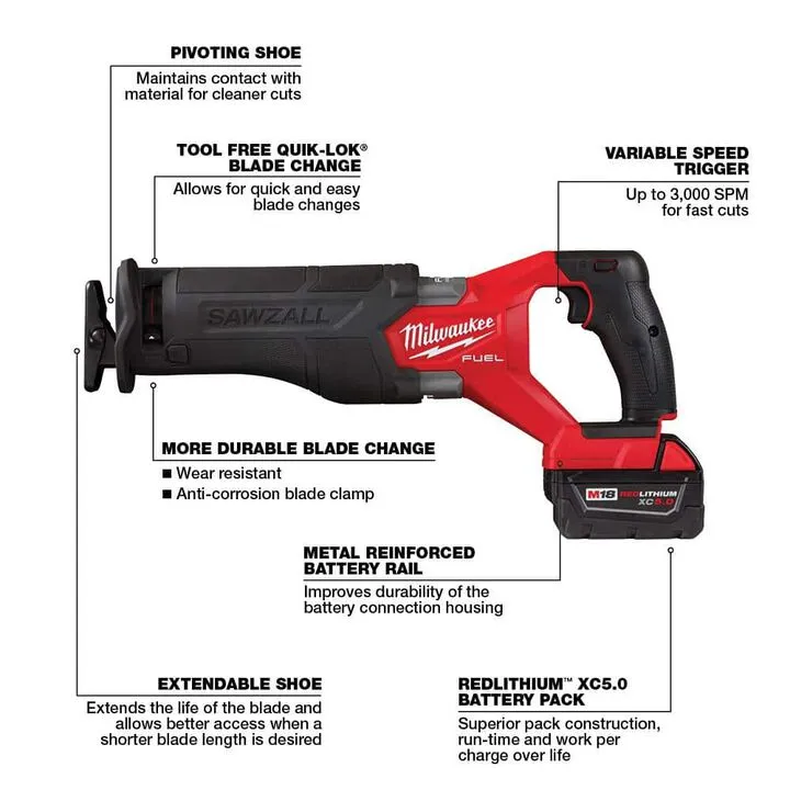 Milwaukee M18 Cordless Reciprocating Saw Bundle - Includes (2) XC5.0 Batteries & 15-Piece Blade Packout Kit 8