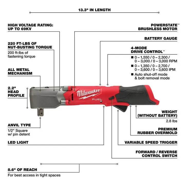 Milwaukee M12 FUEL 1/2-inch Right Angle Impact Wrench with Pin Detent (Bare Tool) 3