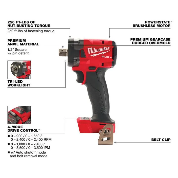 Milwaukee M18 FUEL 1/2 Compact Impact Wrench with Pin Detent (Bare Tool) 2