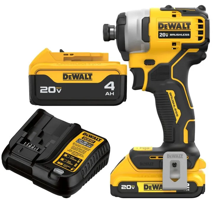 DEWALT Atomic 20V Max 1/4 Inch Compact Impact Driver Kit & 20V Max 4Ah Battery Bundle