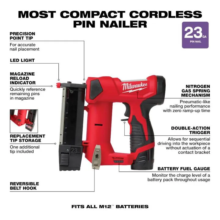 Milwaukee M12 23 Gauge Pin Nailer Kit - Cordless Precision for Finish Carpentry 3