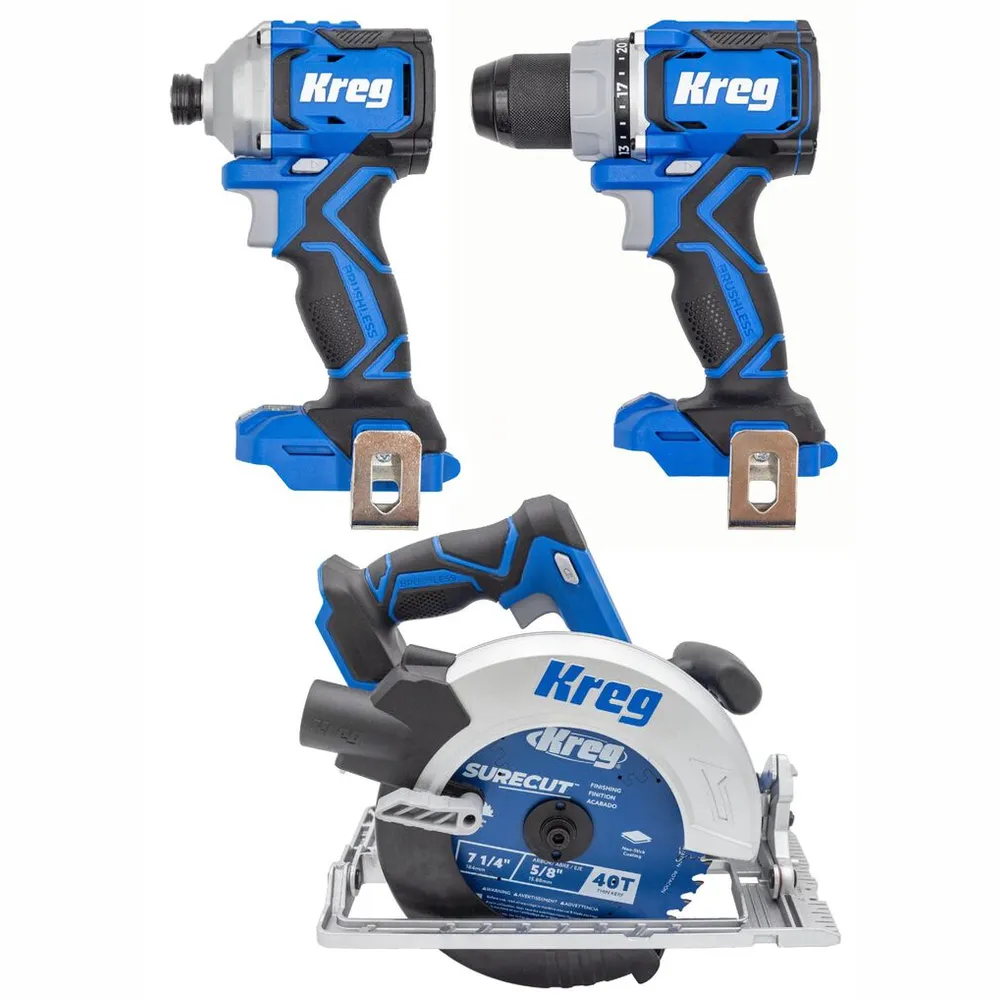 Kreg 20V Ionic Drive 1/2 Inch Drill, 1/4 Inch Impact Driver & 7-1/4 Inch Circular Saw Bundle (Bare Tool)