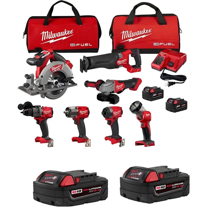 Milwaukee M18 7-Tool Combo Kit with (2) REDLITHIUM XC5.0 Battery Pack Bundle