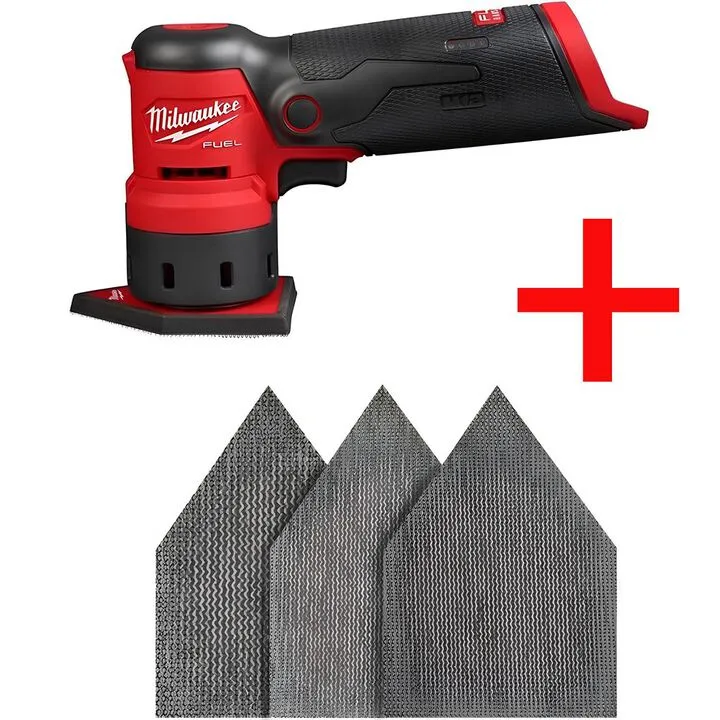 Milwaukee M12 Orbital Sander (Bare Tool) with Premium Mesh Sanding Sheet 12-Pack Bundle