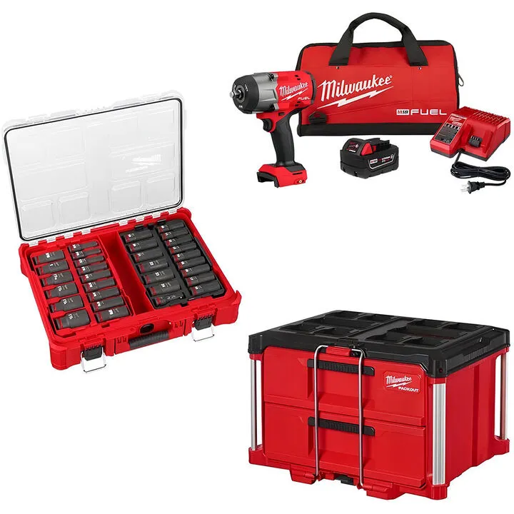 Milwaukee M18 Wrench Kit, 31-Piece Socket Set, and 2-Drawer Tool Box Bundle