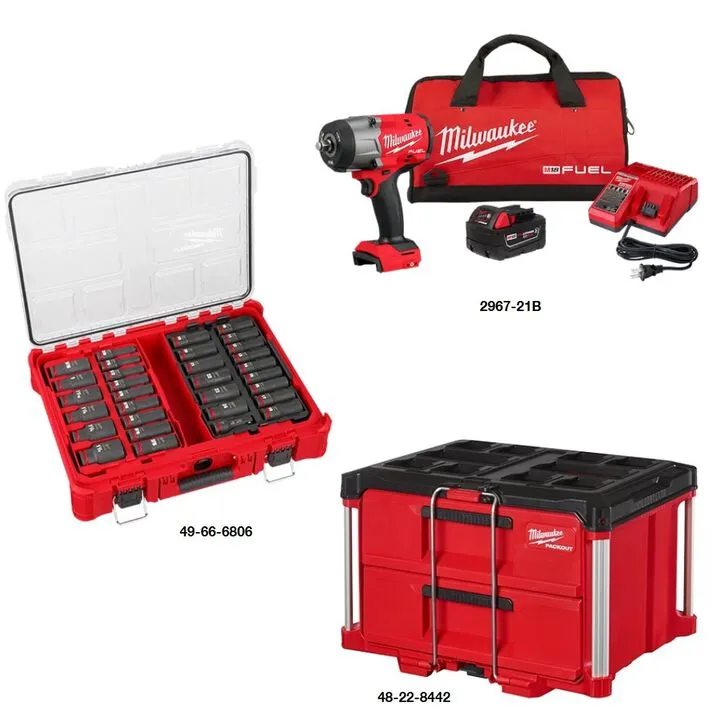 Milwaukee M18 Wrench Kit, 31-Piece Socket Set, and 2-Drawer Tool Box Bundle 1