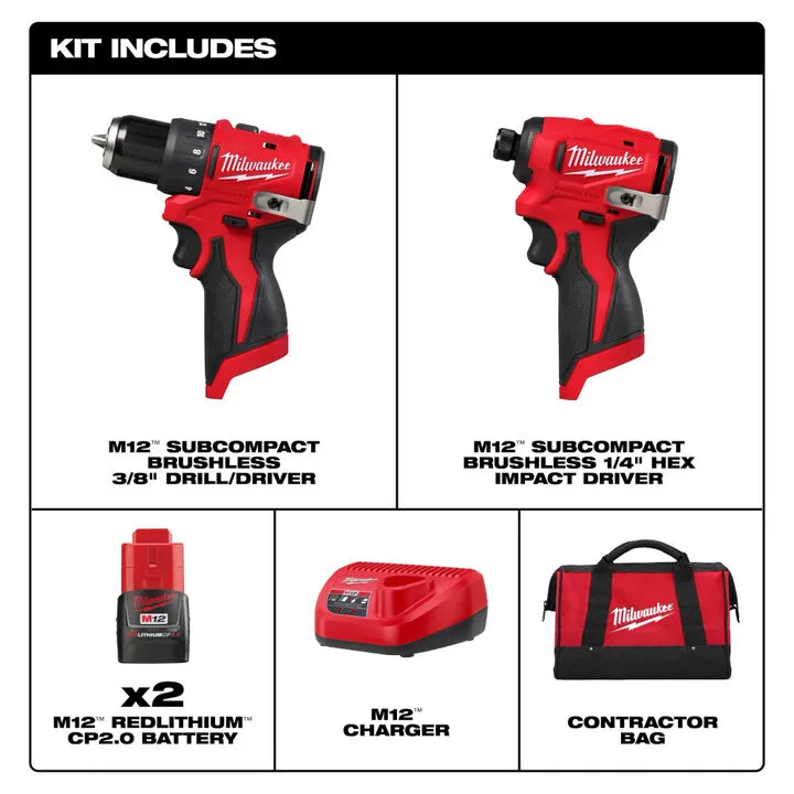 Milwaukee M12 Subcompact Brushless 2-Tool Combo Kit and Grease Gun Bundle 3