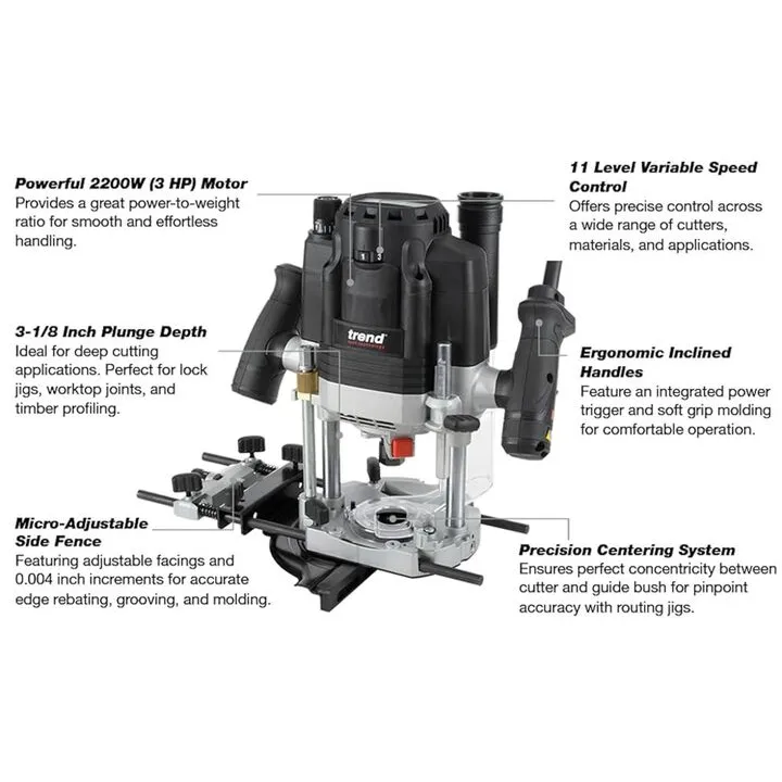 Trend T8 15A 1/2 Inch Dual-Mode Plunge Workshop Router - Professional Precision Series 1