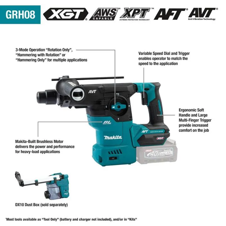 Makita 40V max XGT 1-3/16in AVT Rotary Hammer Kit - High-Performance Concrete Drilling 2