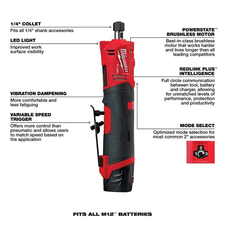 Milwaukee M12 FUEL Straight Die Grinder 2 Battery Kit - Precision Performance 1