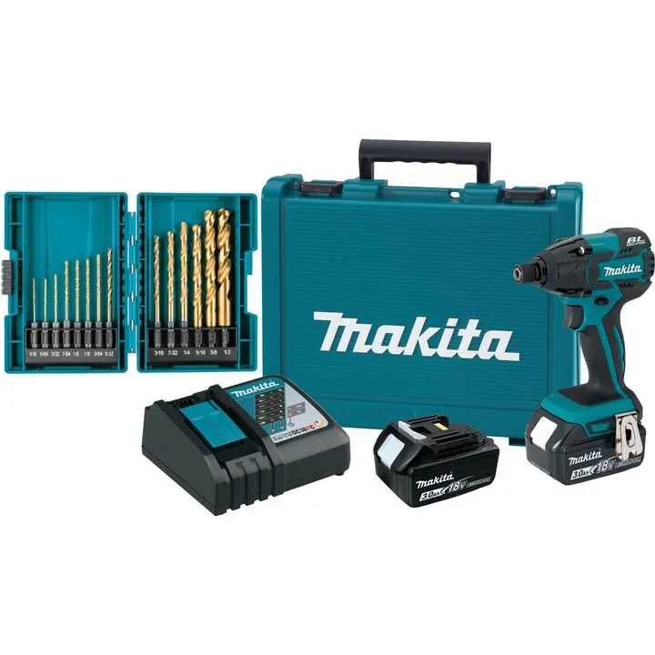 Makita 18V LXT 1/4 Inch Hex Cordless Impact Driver Kit with 14-Piece Titanium Drill Bit Set