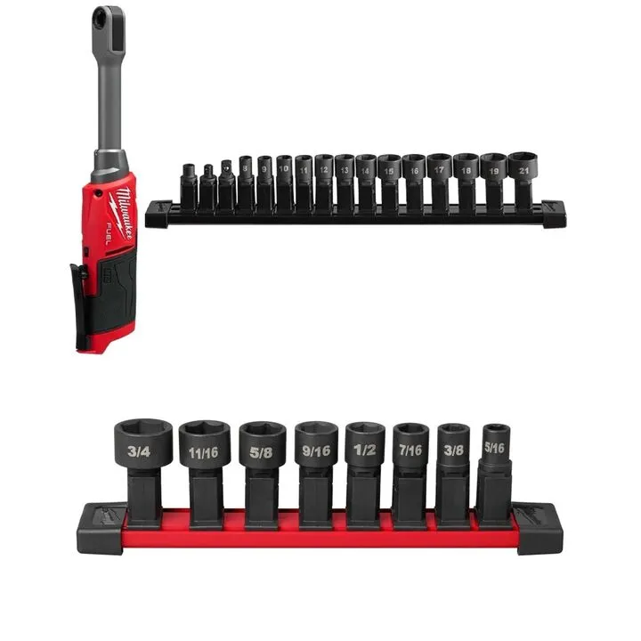 Milwaukee M12 Insider Extended Reach Ratchet (Bare Tool) with 8-Piece SAE Socket Set Bundle