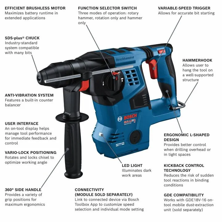 Bosch 18V Brushless Connected-Ready SDS-plus Bulldog 1-1/8in Rotary Hammer (Bare Tool) 1