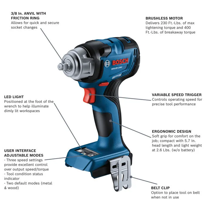 Bosch 18V 3/8 Inch Impact Wrench with Friction Ring (Reconditioned - Bare Tool) 3