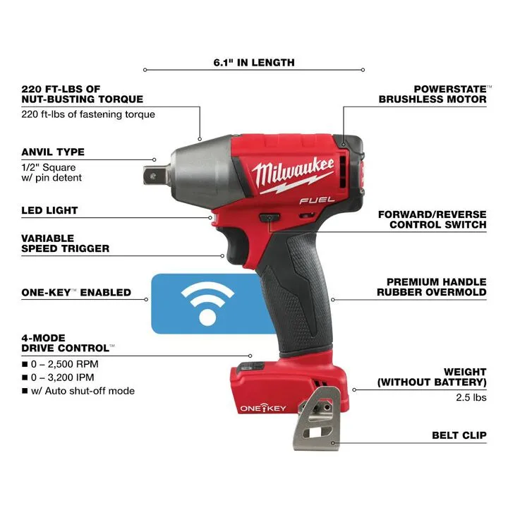 Milwaukee M18 FUEL 1/2 in. Compact Impact Wrench with Pin Detent & ONE-KEY (Bare Tool) 2