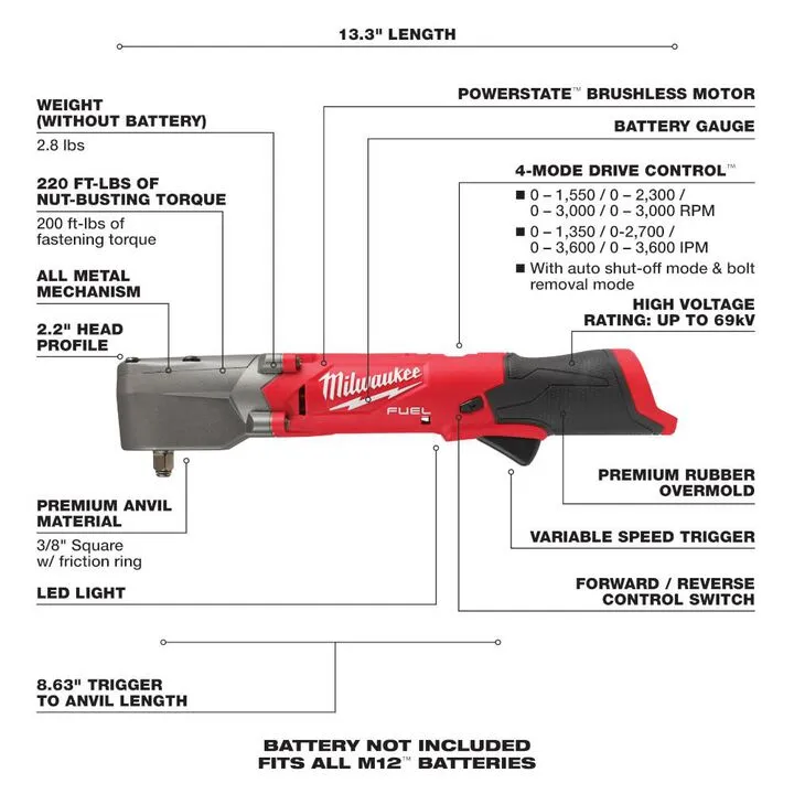 Milwaukee M12 FUEL 3/8 Inch Right Angle Impact Wrench & Protective Boot Bundle 4
