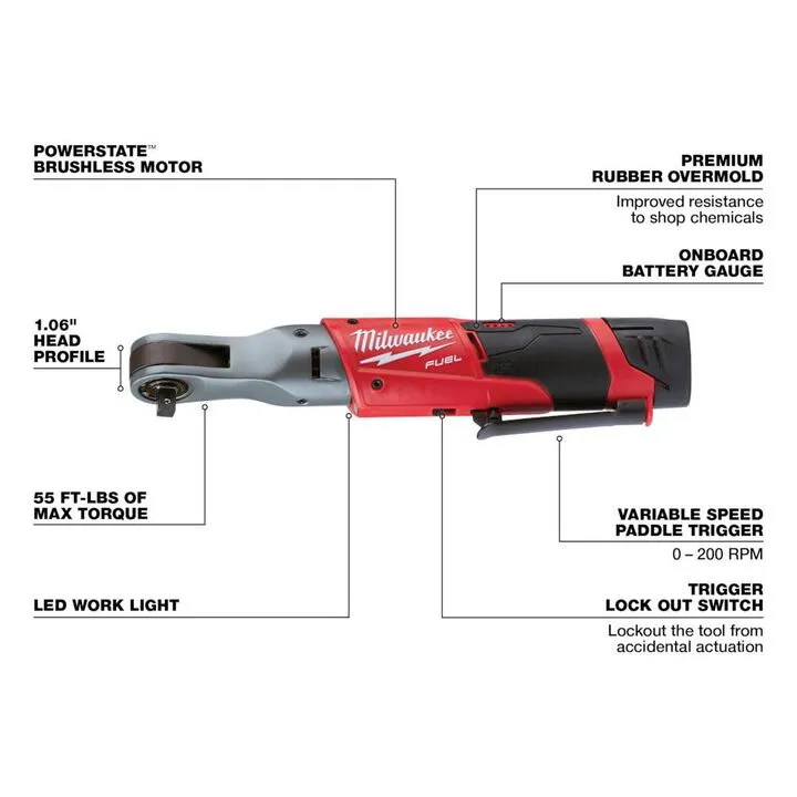 Milwaukee M12 FUEL Ratchet 2 Battery Kit - Professional Grade Cordless Power 3