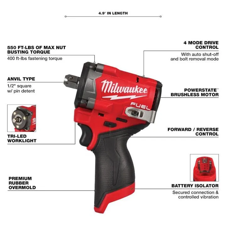 Milwaukee M12 FUEL Stubby 1/2 Inch Impact Wrench (Bare Tool) - Professional Compact Power 2