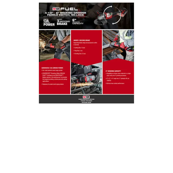 Milwaukee M18 FUEL 4-1/2 inch to 6 inch Braking Paddle Switch Grinder (Bare Tool) - Certified Reconditioned 4