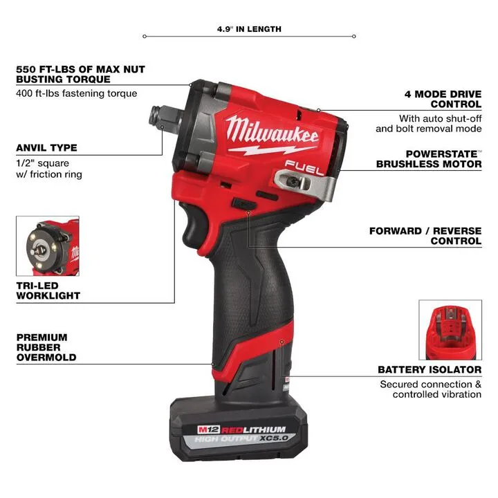 Milwaukee M12 FUEL Stubby 1/2 Inch Impact Wrench Kit - Professional Compact Power 3