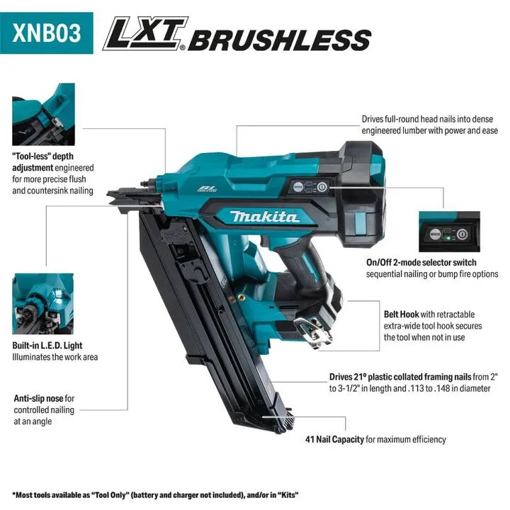 Makita 18V LXT 4.0Ah Lithium-Ion Brushless Cordless 21 Degree Full Round Head 3-1/2 Inch Framing Nailer Kit 2