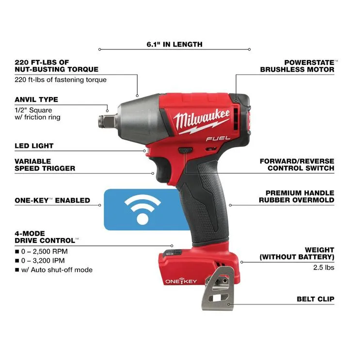 Milwaukee M18 FUEL 1/2 In. Compact Impact Wrench with Friction Ring & ONE-KEY (Bare Tool) 2